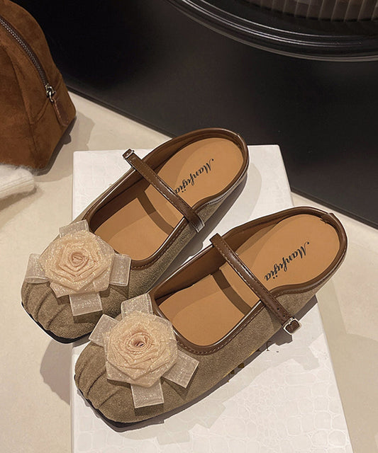 Chic Khaki Stereoscopic Flower Buckle Strap Faux Suede Flats Backless Slippers