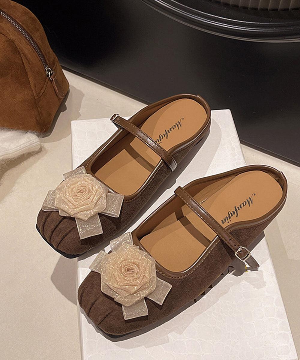 Chic Khaki Stereoscopic Flower Buckle Strap Faux Suede Flats Backless Slippers