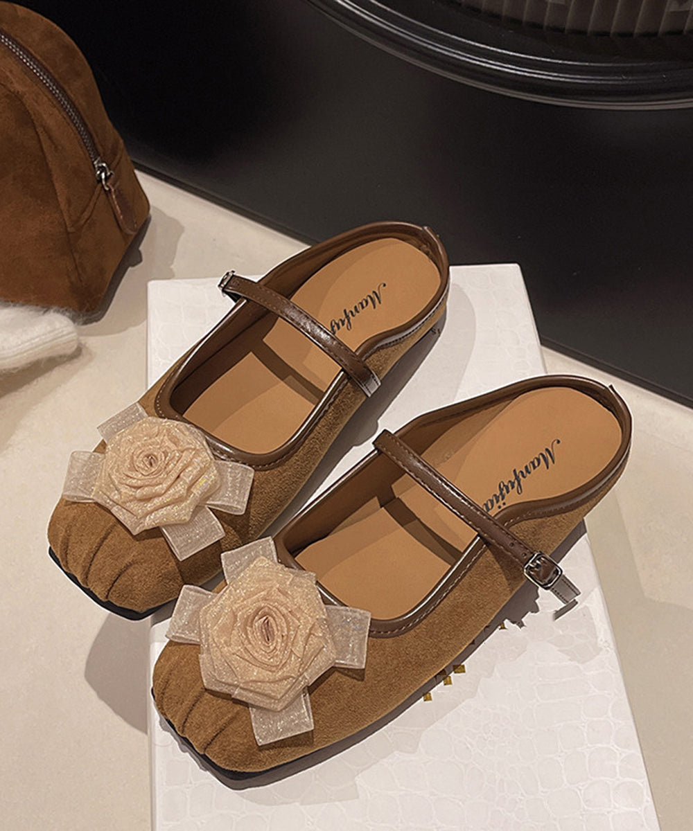 Chic Khaki Stereoscopic Flower Buckle Strap Faux Suede Flats Backless Slippers