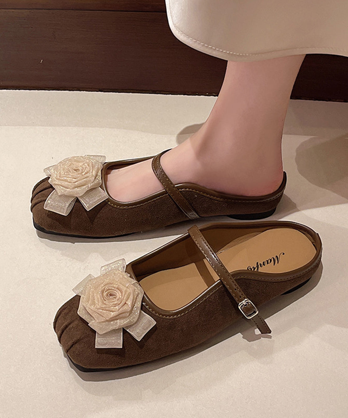 Chic Khaki Stereoscopic Flower Buckle Strap Faux Suede Flats Backless Slippers