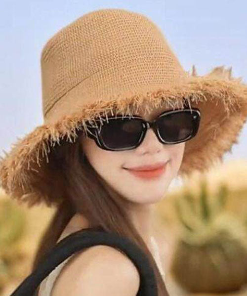 Chic Khaki Tassel Straw Woven Floppy Sun Hat