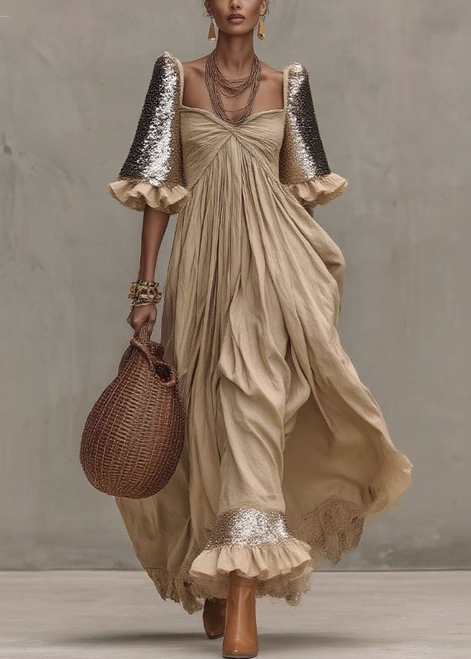 Chic Khaki Wrinkled Patchwork Maxi Dresses Short Sleeve