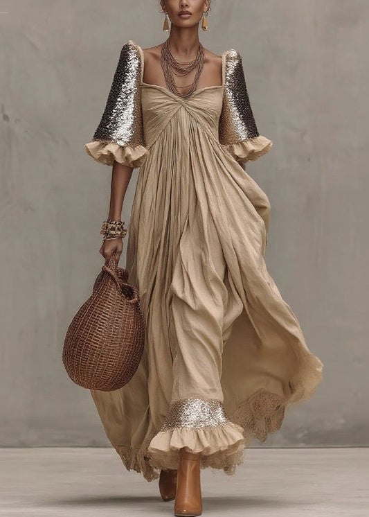 Chic Khaki Wrinkled Patchwork Maxi Dresses Short Sleeve