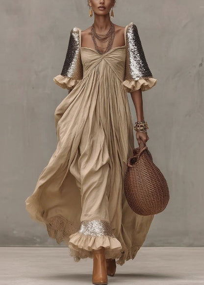 Chic Khaki Wrinkled Patchwork Maxi Dresses Short Sleeve