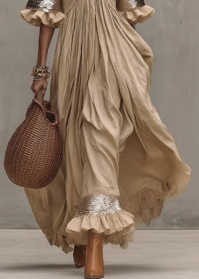 Chic Khaki Wrinkled Patchwork Maxi Dresses Short Sleeve