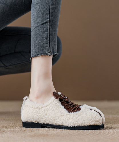 Chic Lace Up Splicing Flat Feet Shoes Beige Fuzzy Fur