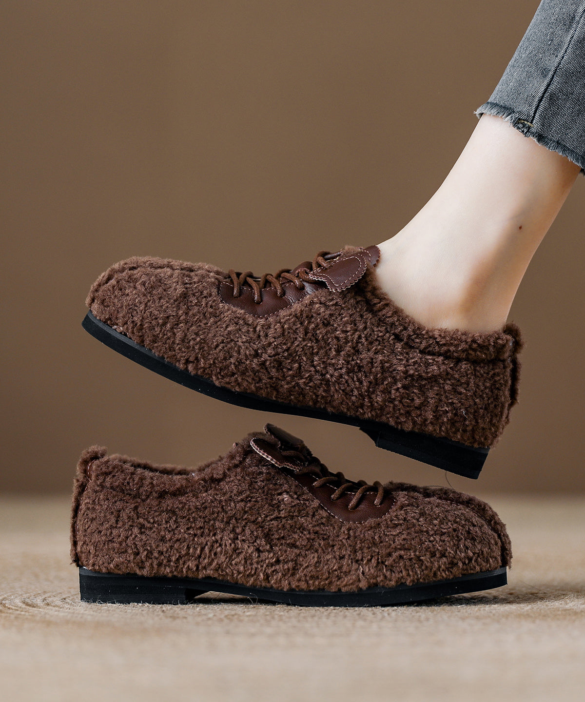 Chic Lace Up Splicing Flat Feet Shoes Beige Fuzzy Fur