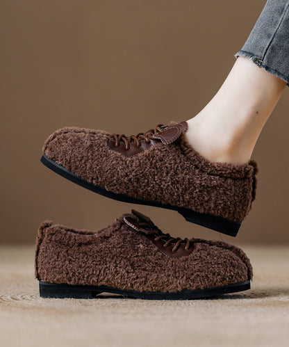 Chic Lace Up Splicing Flat Feet Shoes Beige Fuzzy Fur