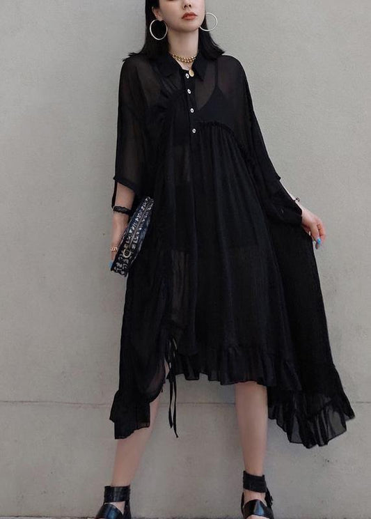 Chic Lapel Asymmetric Spring Quilting Dresses Design Black Long Dresses - SooLinen