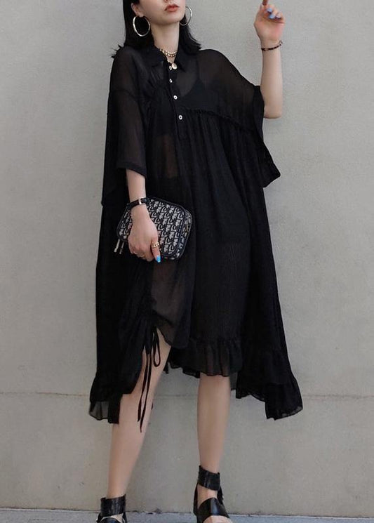 Chic Lapel Asymmetric Spring Quilting Dresses Design Black Long Dresses - SooLinen