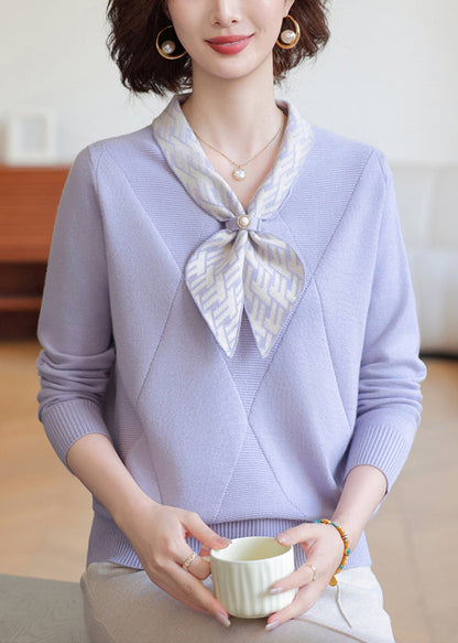 Chic Lavender Bow Neck Striped Knit Shirts Winter