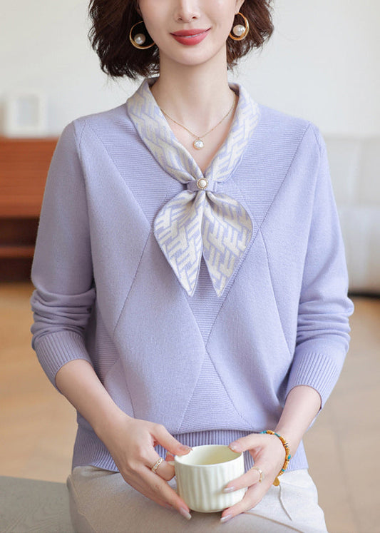Chic Lavender Bow Neck Striped Knit Shirts Winter