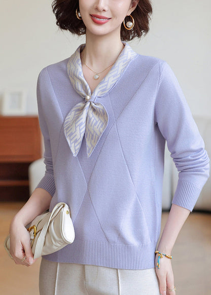 Chic Lavender Bow Neck Striped Knit Shirts Winter