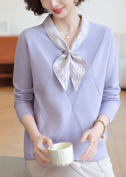 Chic Lavender Bow Neck Striped Knit Shirts Winter