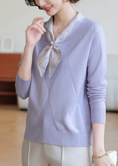 Chic Lavender Bow Neck Striped Knit Shirts Winter
