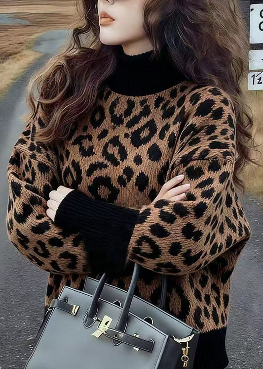 Chic Leopard Hign Neck Puff Sleeve Knitted Sweaters Tops