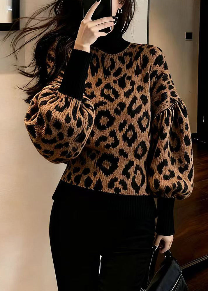 Chic Leopard Hign Neck Puff Sleeve Knitted Sweaters Tops