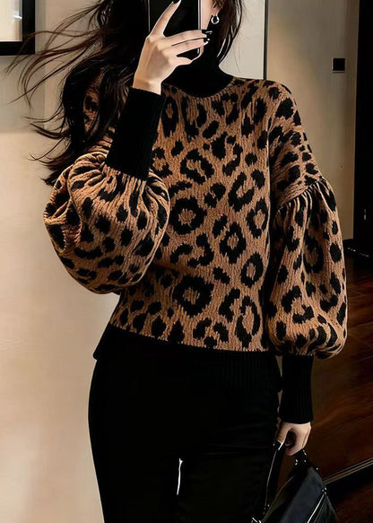 Chic Leopard Hign Neck Puff Sleeve Knitted Sweaters Tops
