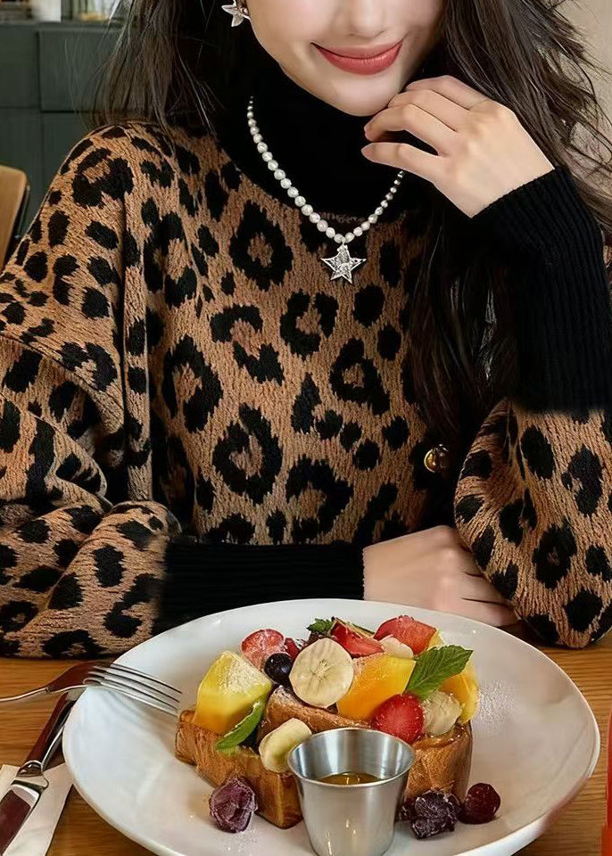 Chic Leopard Hign Neck Puff Sleeve Knitted Sweaters Tops
