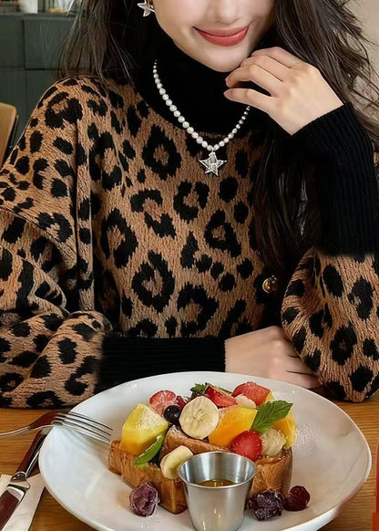 Chic Leopard Hign Neck Puff Sleeve Knitted Sweaters Tops