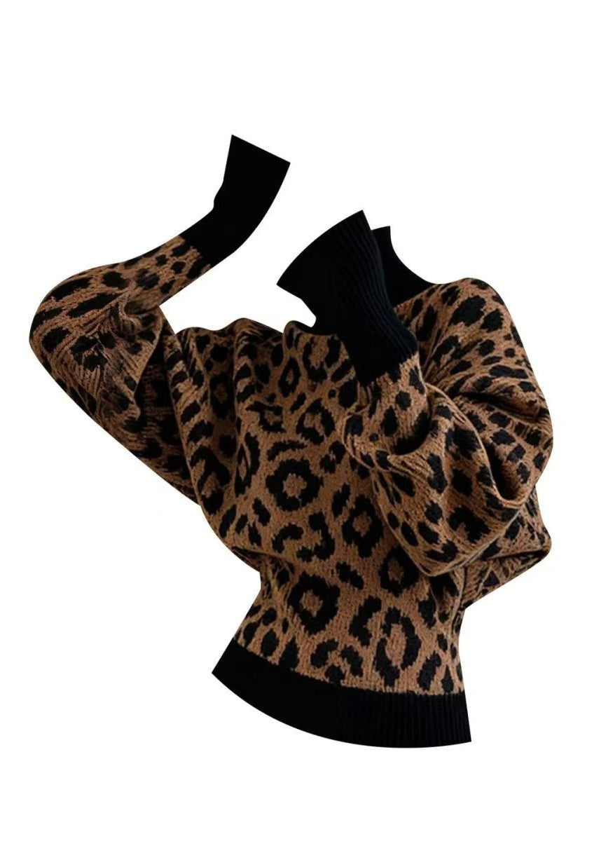 Chic Leopard Hign Neck Puff Sleeve Knitted Sweaters Tops