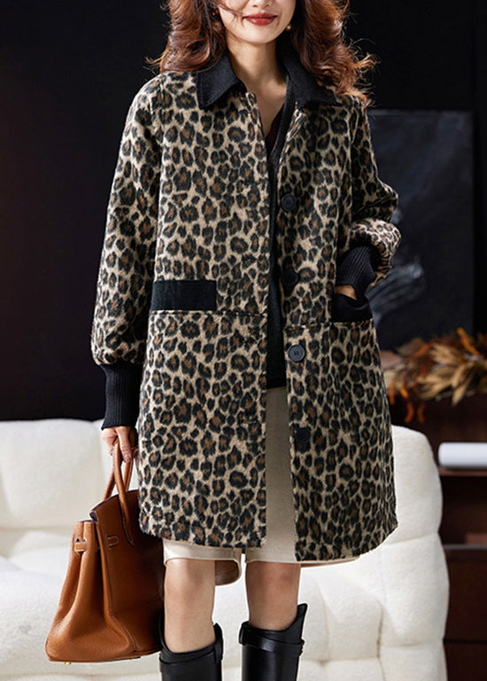 Chic Leopard Peter Pan Collar Pockets Patchwork Woolen Coat Winter