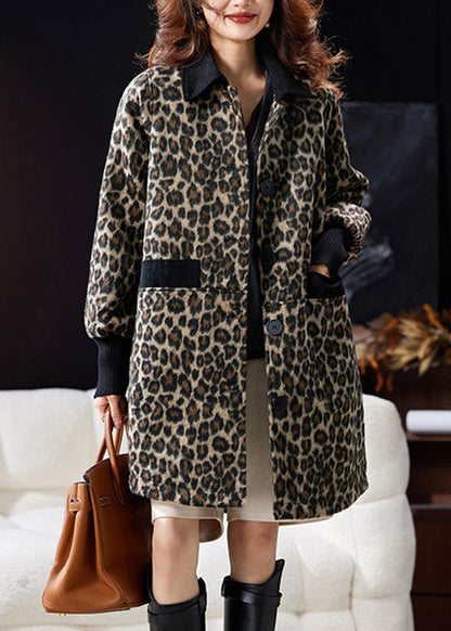 Chic Leopard Peter Pan Collar Pockets Patchwork Woolen Coat Winter