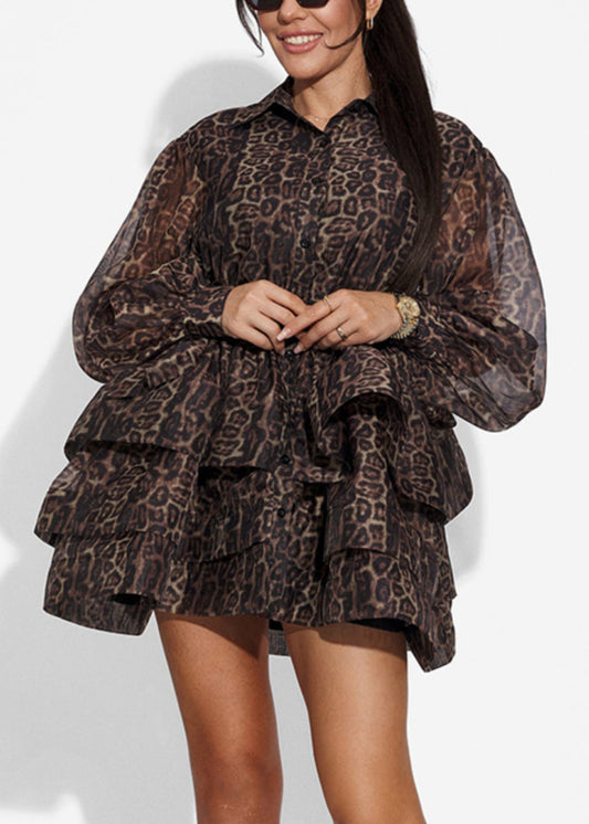 Chic Leopard Peter Pan Collar Tie Waist Chiffon Shirt Dresses Spring