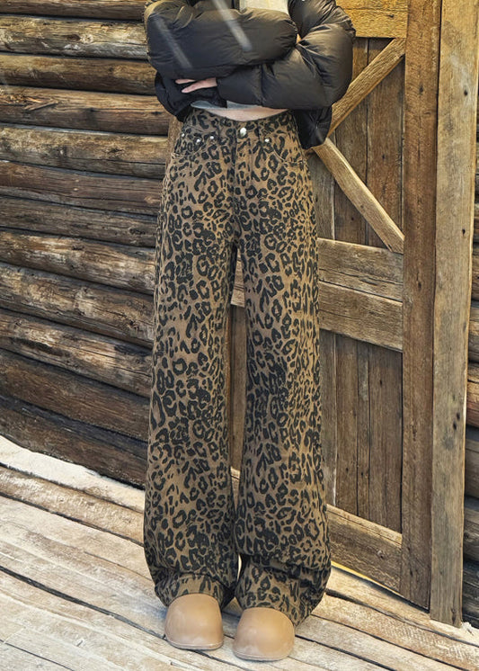 Chic Leopard Pockets High Waist Warm Fleece Wide Leg Pants