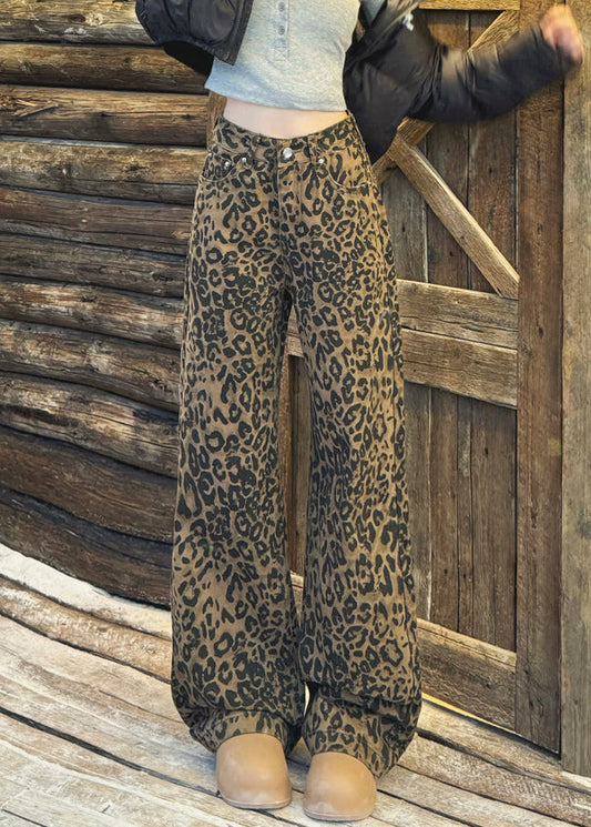 Chic Leopard Pockets High Waist Warm Fleece Wide Leg Pants