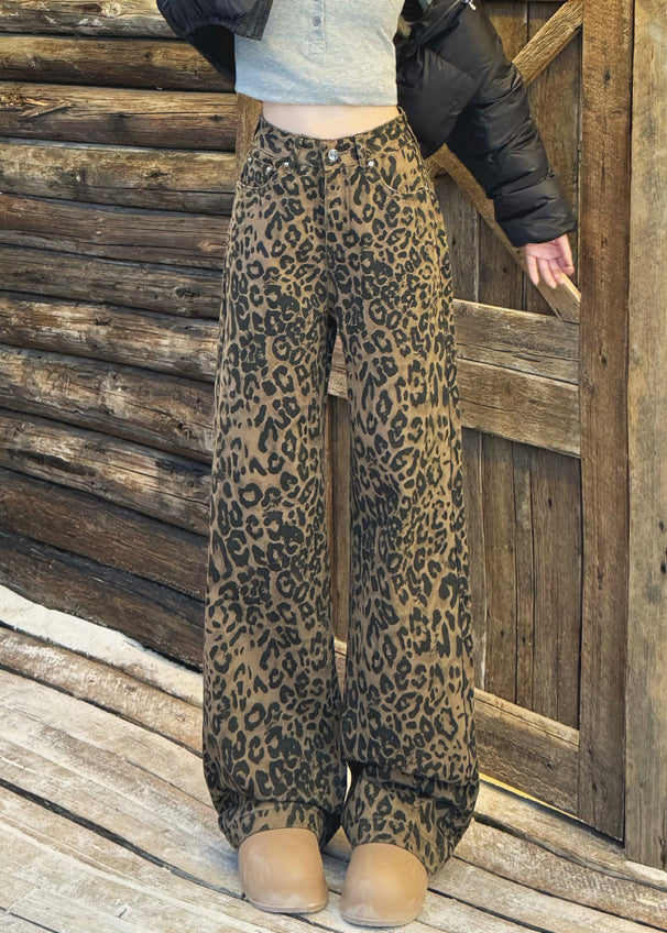 Chic Leopard Pockets High Waist Warm Fleece Wide Leg Pants