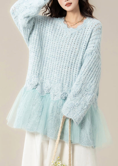 Chic Light Blue Hollow Out Butterfly Tulle Patchwork Knit Sweater Spring