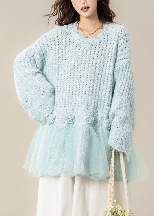 Chic Light Blue Hollow Out Butterfly Tulle Patchwork Knit Sweater Spring