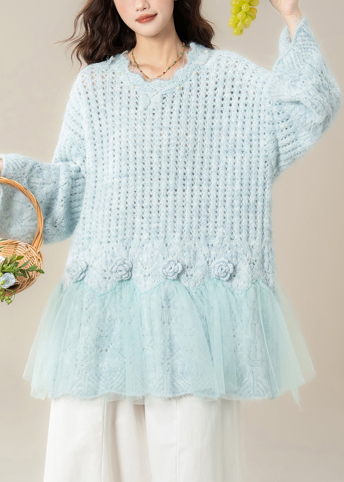 Chic Light Blue Hollow Out Butterfly Tulle Patchwork Knit Sweater Spring