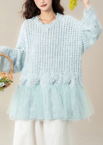 Chic Light Blue Hollow Out Butterfly Tulle Patchwork Knit Sweater Spring