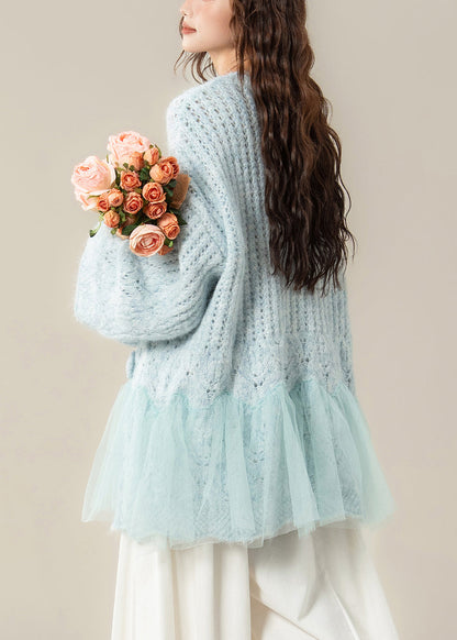 Chic Light Blue Hollow Out Butterfly Tulle Patchwork Knit Sweater Spring