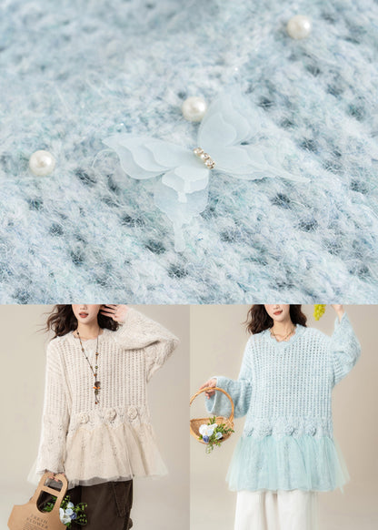 Chic Light Blue Hollow Out Butterfly Tulle Patchwork Knit Sweater Spring