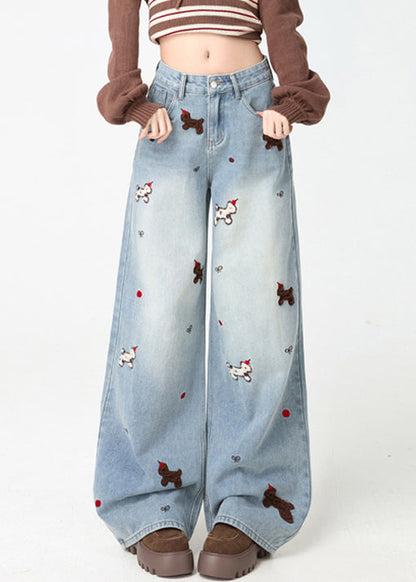 Chic Light Blue Little Dogs Embroidered High Waist Warm Fleece Jeans Spring