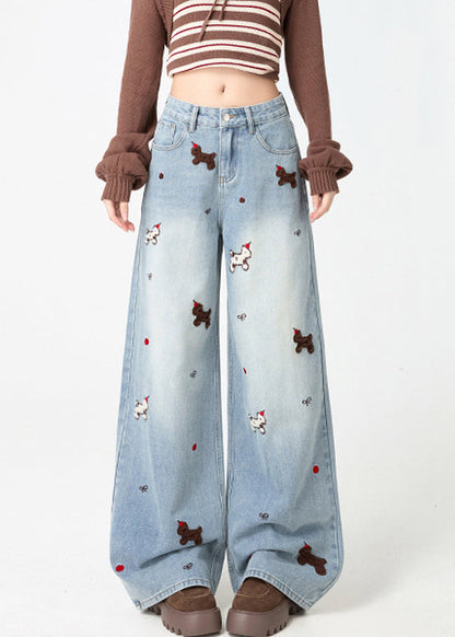 Chic Light Blue Little Dogs Embroidered High Waist Warm Fleece Jeans Spring