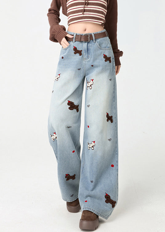 Chic Light Blue Little Dogs Embroidered High Waist Warm Fleece Jeans Spring