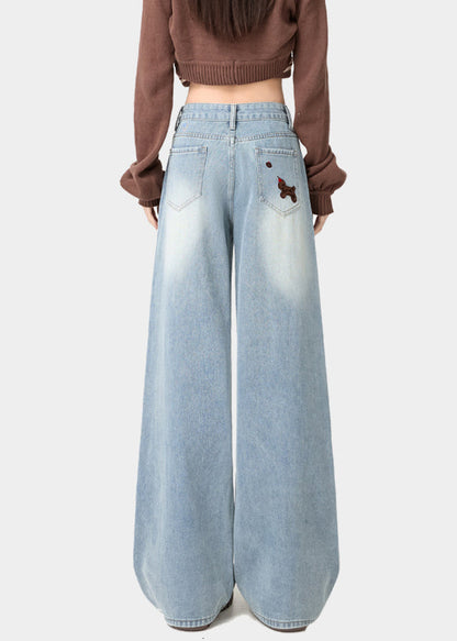 Chic Light Blue Little Dogs Embroidered High Waist Warm Fleece Jeans Spring