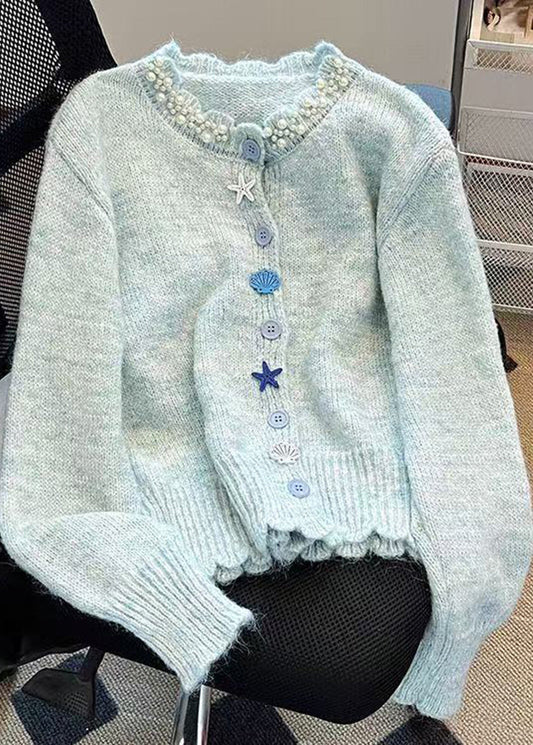 Chic Light Blue O-Neck Nail Bead Knit Cardigan Fall