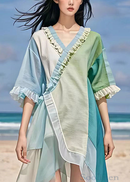 Chic Light Blue V Neck Ruffled Chiffon Dress Summer