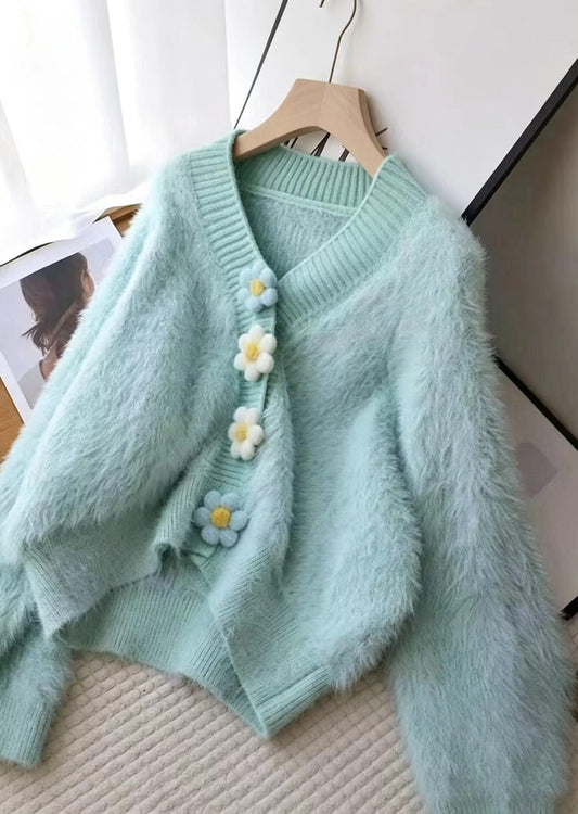 Chic Light Blue V Neck Stereoscopic Floral Faux Mink Hair Knitted Cardigan Fall