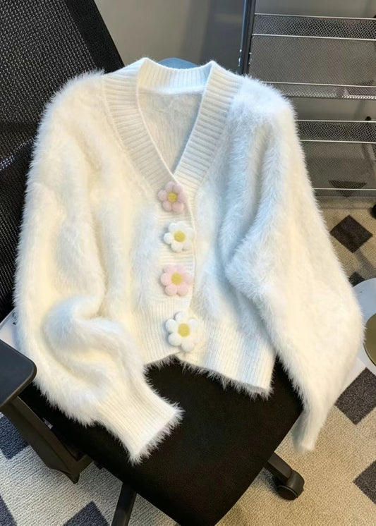 Chic Light Blue V Neck Stereoscopic Floral Faux Mink Hair Knitted Cardigan Fall