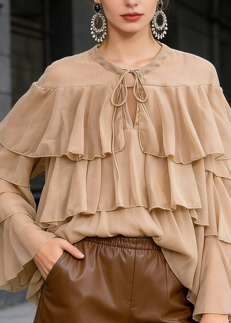 Chic Light Brown O Neck Ruffled Patchwork Chiffon Blouses Spring