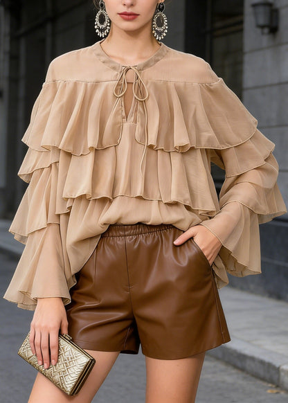 Chic Light Brown O Neck Ruffled Patchwork Chiffon Blouses Spring