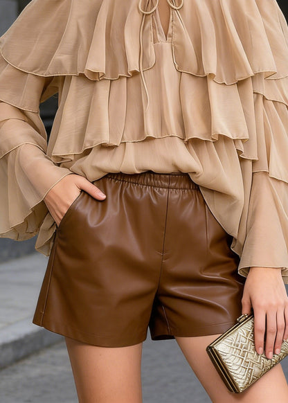 Chic Light Brown O Neck Ruffled Patchwork Chiffon Blouses Spring