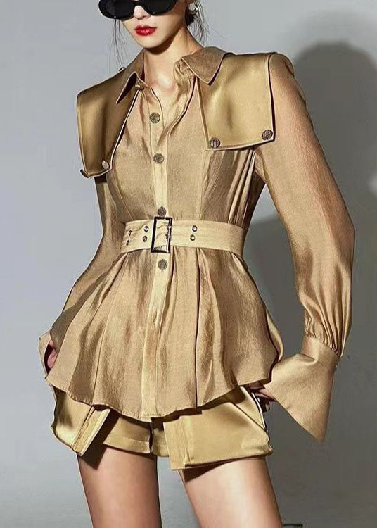 Chic Light Brown Peter Pan Collar Patchwork Silk Two Pieces Set Fall