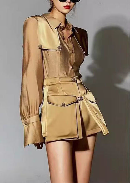 Chic Light Brown Peter Pan Collar Patchwork Silk Two Pieces Set Fall